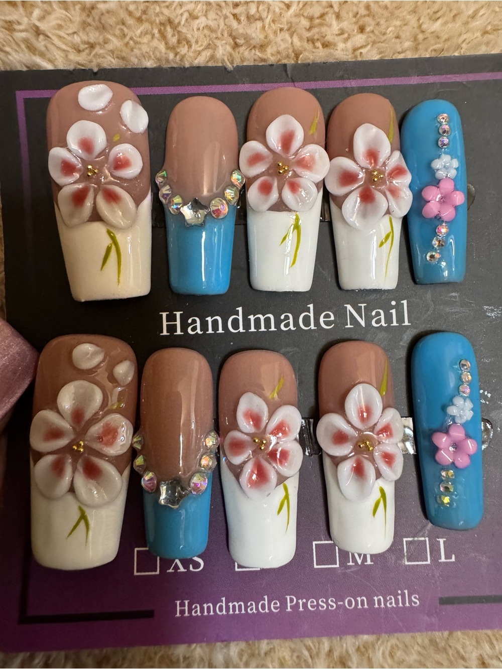 Handmade 3D Floral Press-On Nails Blue Nude White Rhinestone (Long Square)